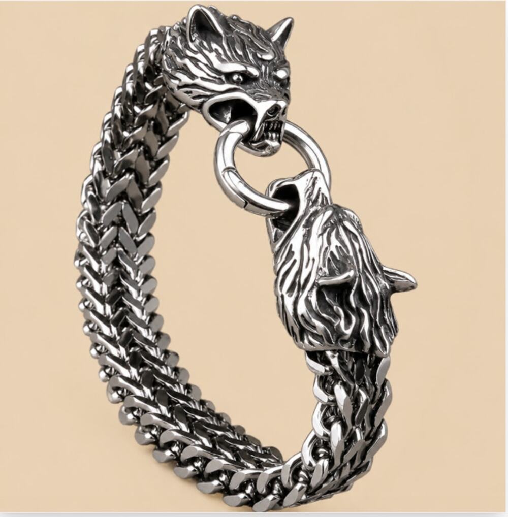 Viking Wolf Head Bracelet Heavy Stainless-Steel Mesh Unisex Fierce